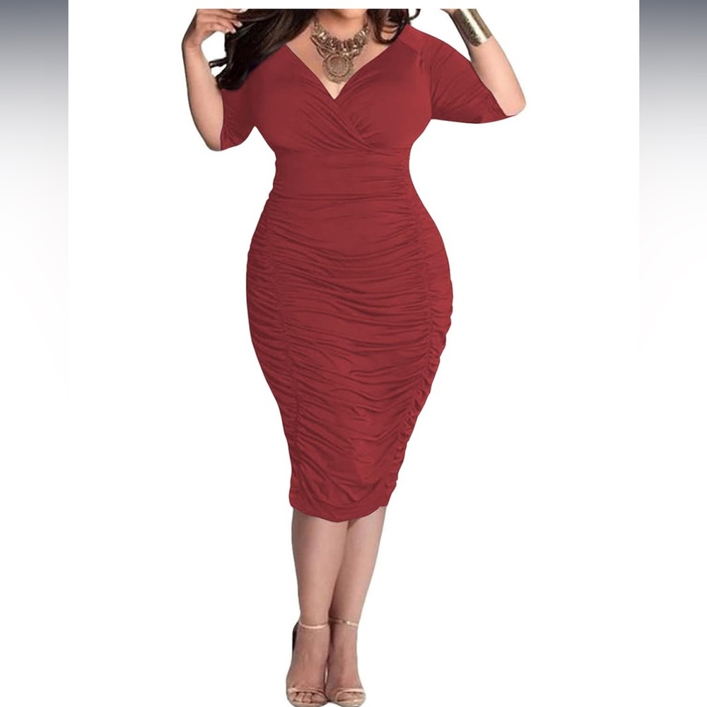 Nwt Women's  Bodycon V Neck Short Sleeve Ruched Cocktail Midi Dresses